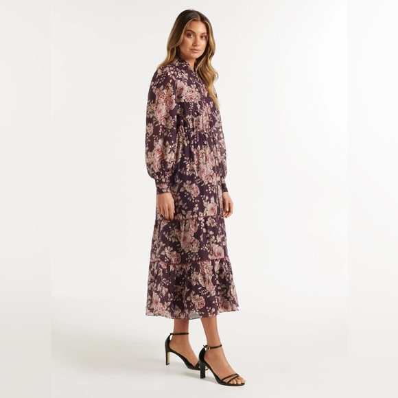 None Dresses & Skirts - Floral Maxi Dress with Long Sleeves